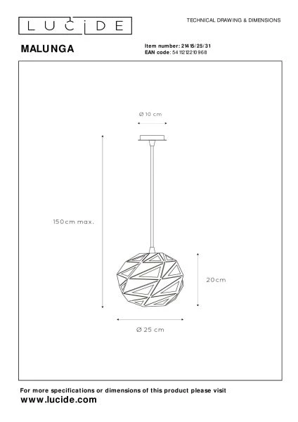 Lucide MALUNGA - Hanglamp - Ø 25 cm - 1xE27 - Wit - technisch